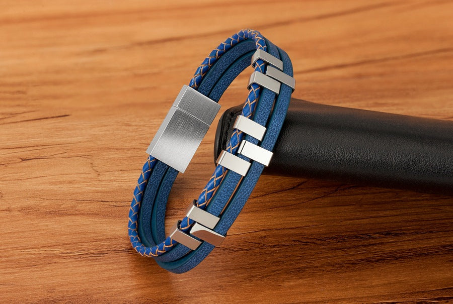 Layer Black Brown Blue Silver Leather Stainless Steel Bracelet Bulk