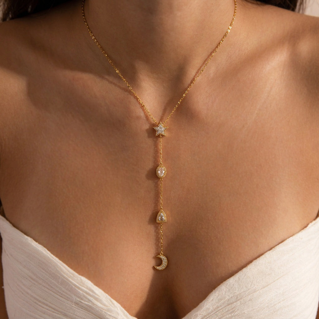 Minimal Star Moon Gold Plated CZ Anti Tarnish Copper Necklace Wholesale Main image