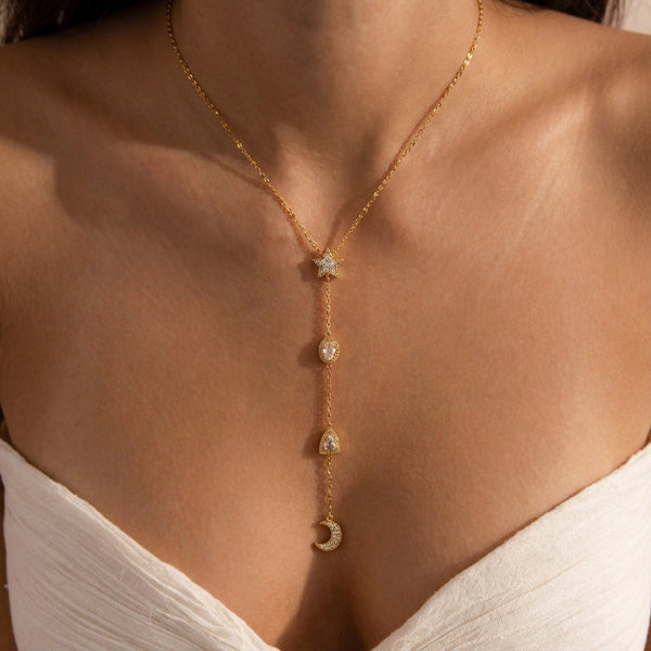 Minimal Star Moon Gold Plated CZ Anti Tarnish Copper Necklace Wholesale Main image