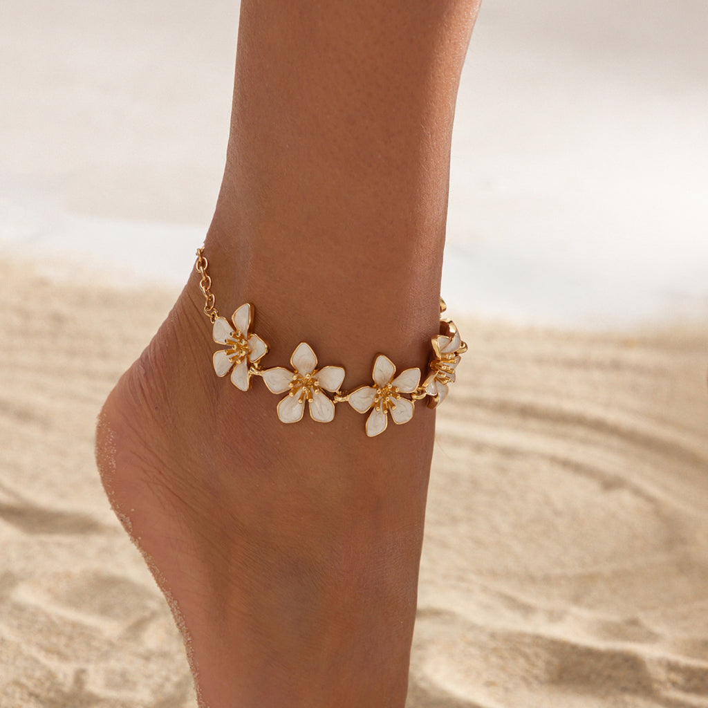 Beach White Flower Charm Gold Plated Enamel Anklets For Women Bulk