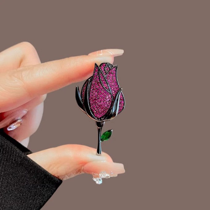 Pink Rose Black Cubic Zirconia Copper Anti Tarnish Brooch For Women Bulk