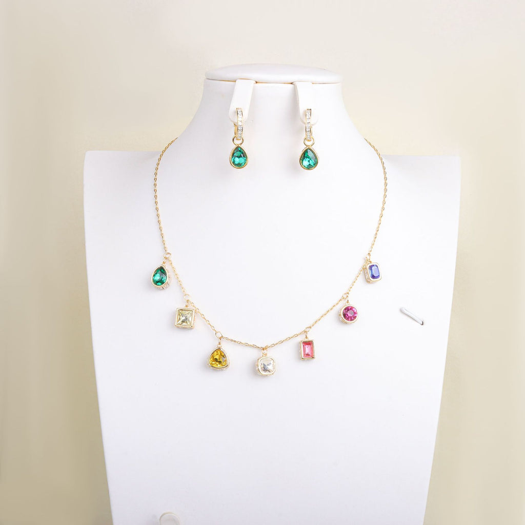 Designer Multi Color Gemstone Gold CZ Copper Necklace Earring Set Bulk