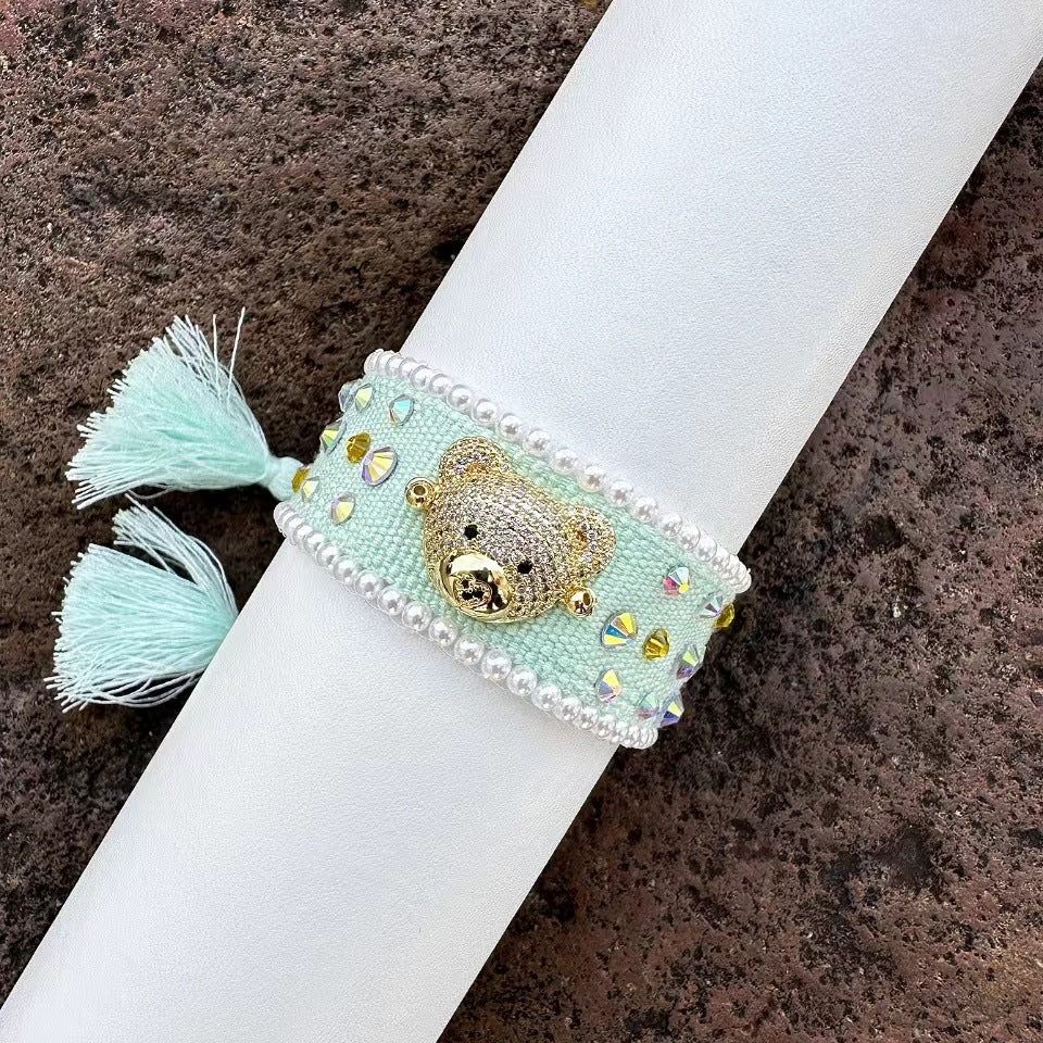 Teddy Bear Face Crystal Fabric Writ Band Threads Bracelet Bulk
