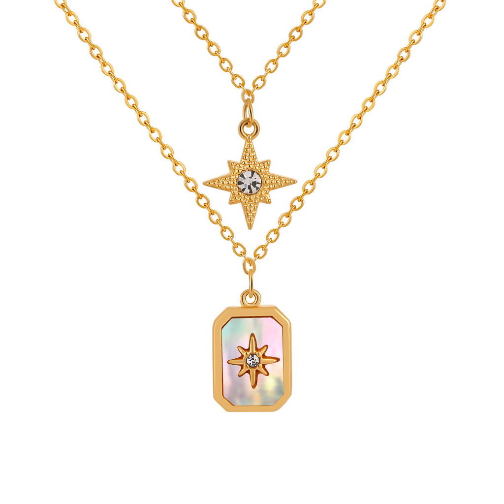 Star Mother Of Pearl 18K Gold Stainless Steel Anti Tarnish Dual Layer Necklace Pendant Chain For Women