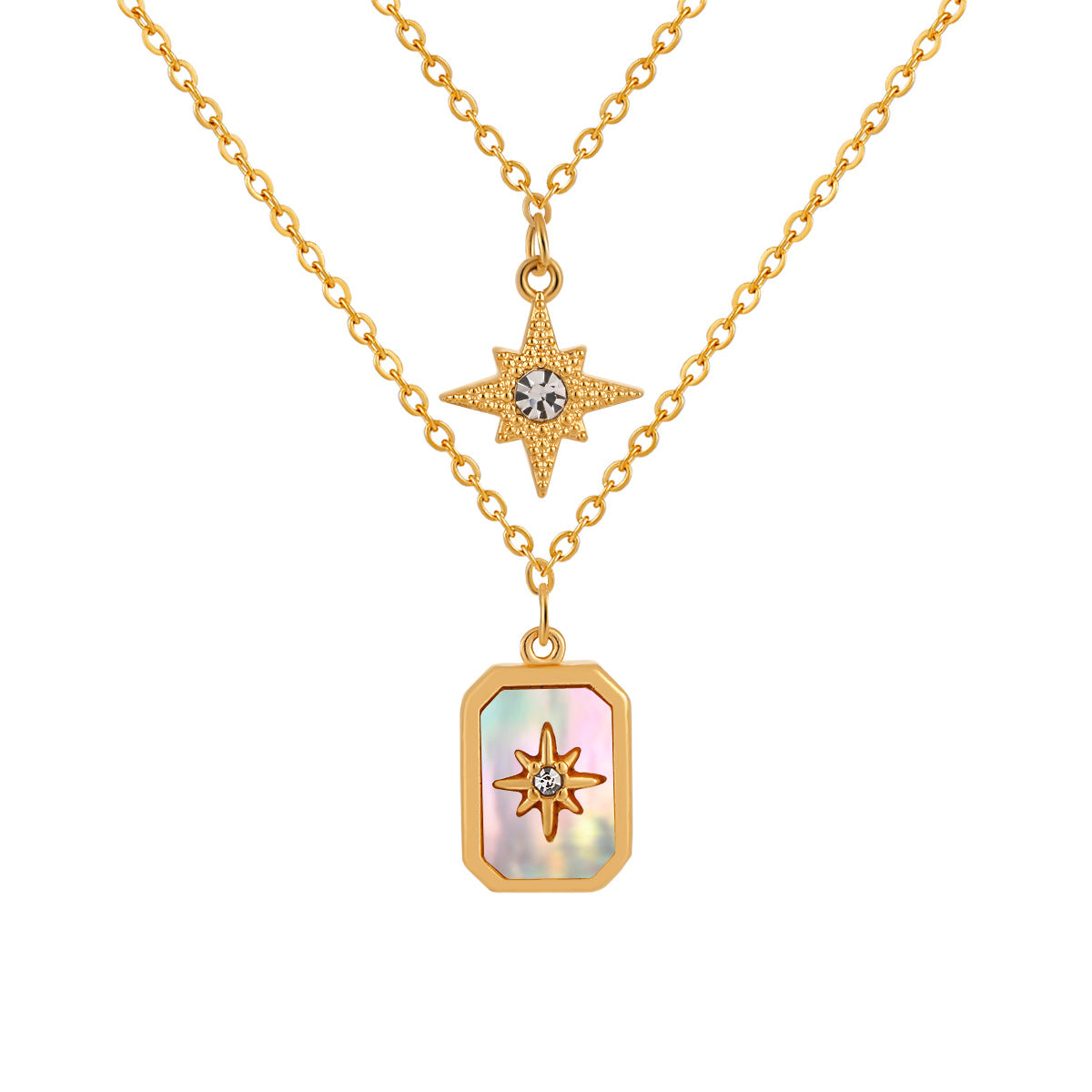 Star Mother Of Pearl 18K Gold Stainless Steel Anti Tarnish Dual Layer Necklace Pendant Chain For Women