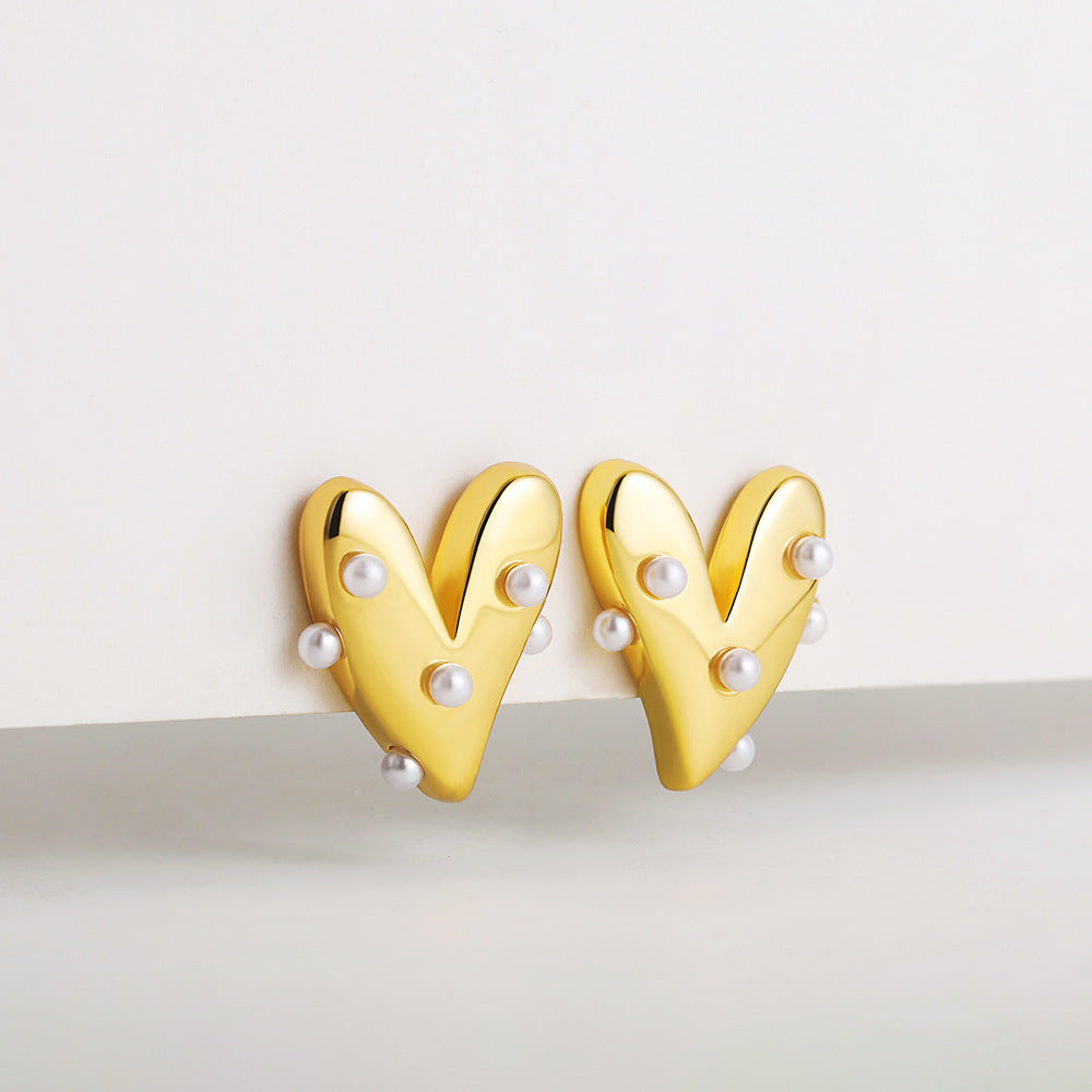 Heart Gold Plated Pearl Anti Tarnish Stainless Steel Stud Earrings Bulk