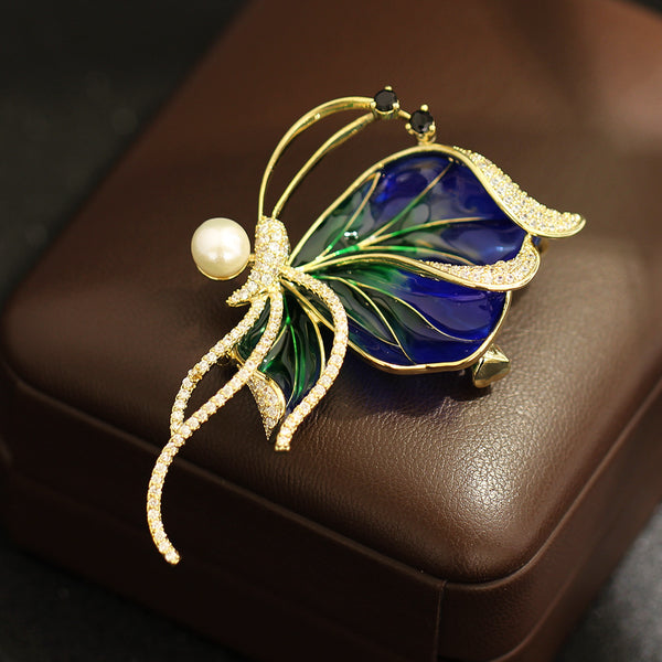 Blue & Green Floral Gold Plated CZ Enamel Faux Pearl Copper Brooch Bulk Main image