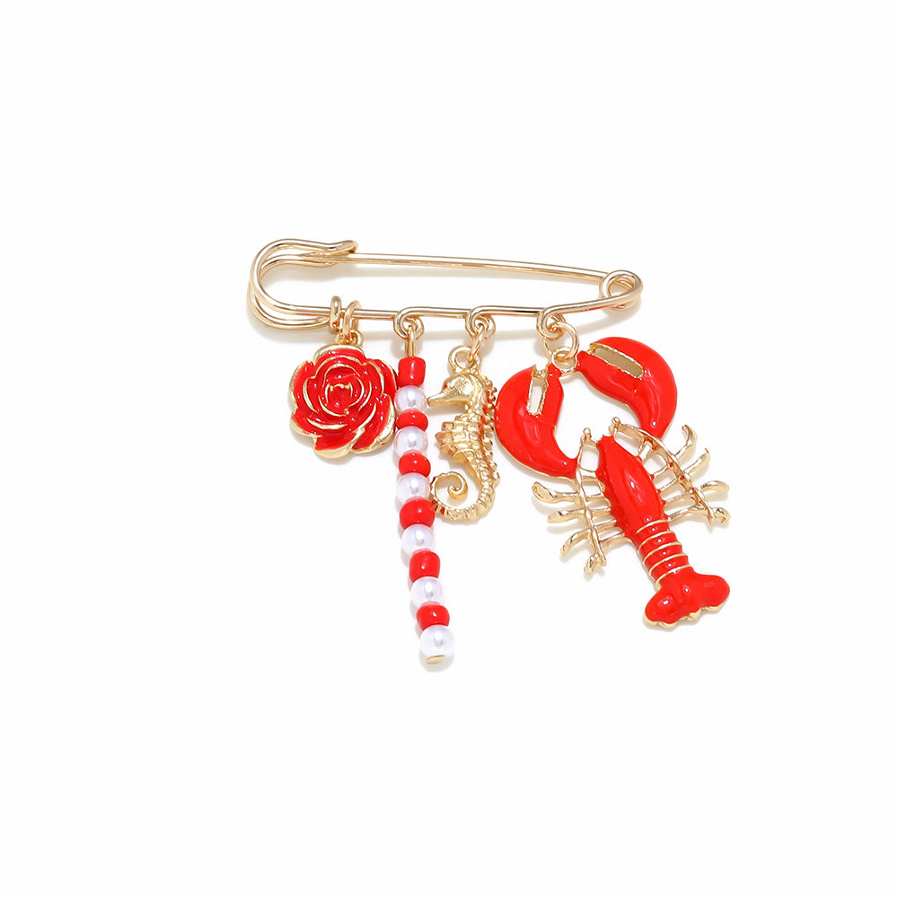 Red Lobster,Seahorse,Rose Gold Enamel Brooch For Women Bulk