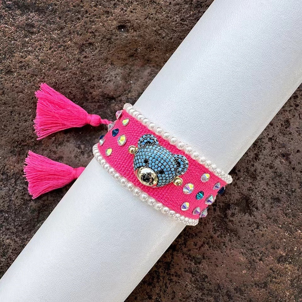 Teddy Bear Face Crystal Fabric Writ Band Threads Bracelet Bulk