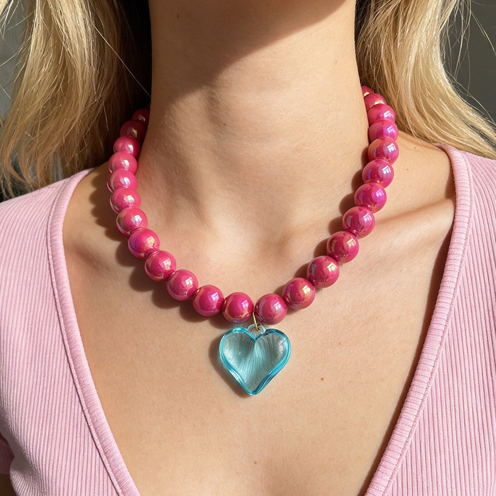 Pink Blue Heart Gold Plated Beads Resin Necklace For Women Bulk