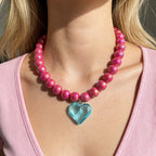 Pink Blue Heart Gold Plated Beads Resin Necklace For Women Bulk