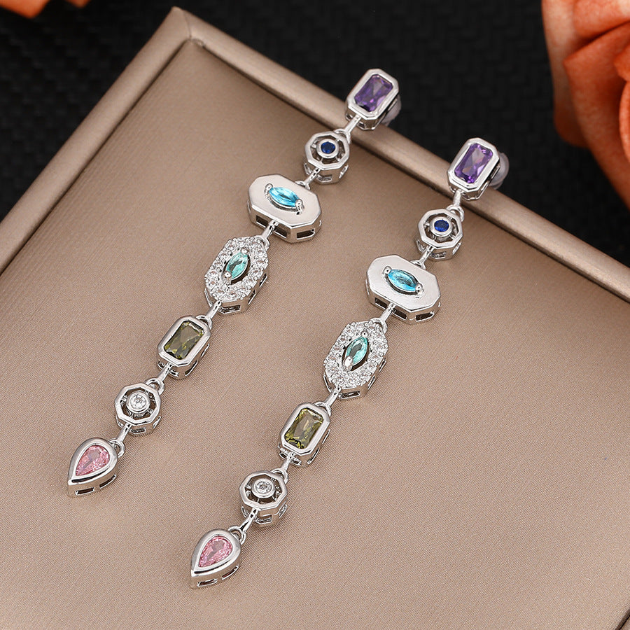 Gold Silver Spectrum Chunky CZ Copper Dangler Earrings Bulk Main image