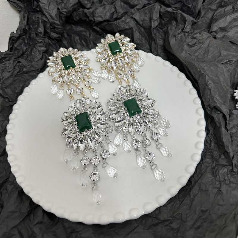 Flower Cubic Zirconia Emerald Green Silver Tassel Dangler Earring Bulk