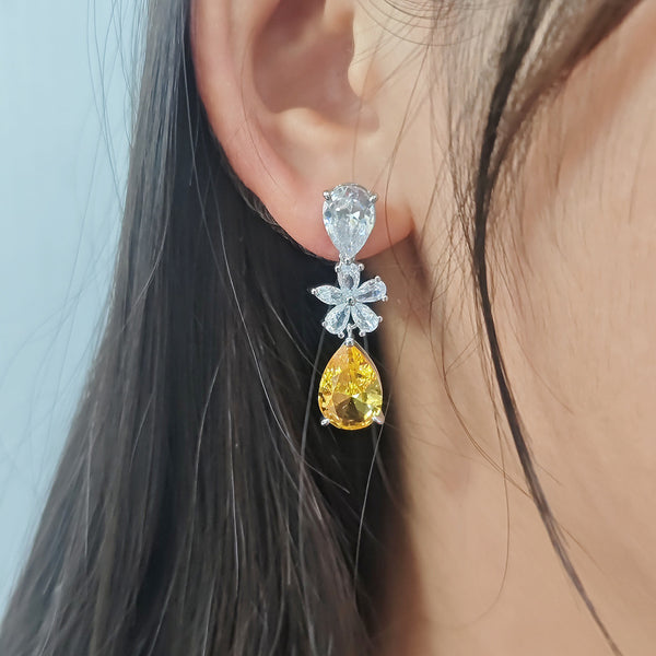 Solitaire Flower Drop Silver Yellow Anti Tarnish Dangler Earring Bulk Secondary image