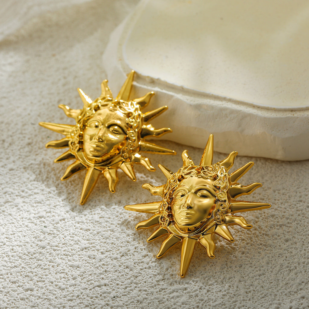 Vintage Sun Face Gold Anti Tarnish Stainless Steel Stud Earrings Bulk