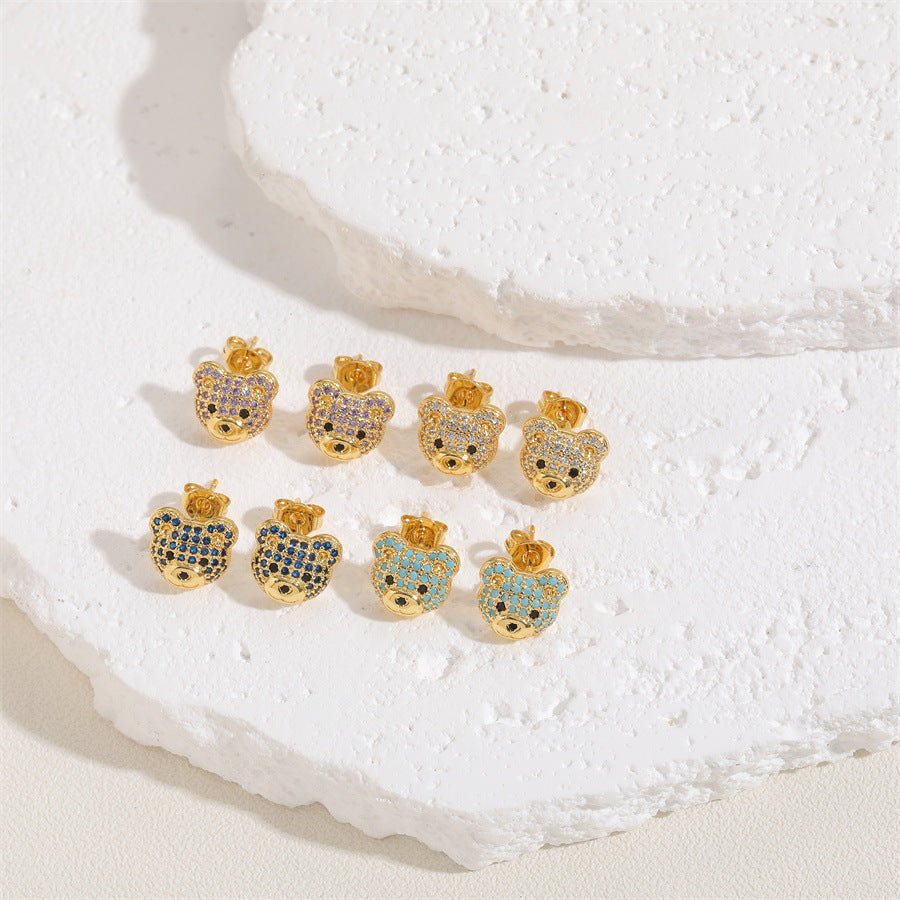 Teddy Bear 18K Gold CZ Multi Gemstone Anti Tarnish Stud Earring Bulk Main image