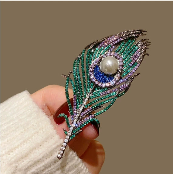 White & Multi Color Peacock Feather Gold CZ Copper Brooch For Women Bulk