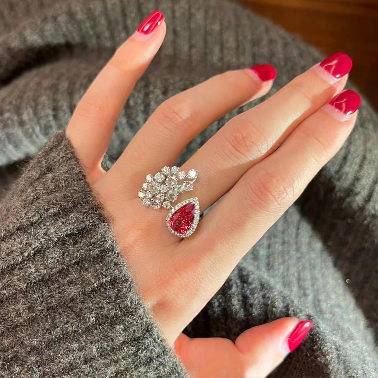 Bulk Red Floral & Teardrop Style Gold CZ Copper Adjustable Fancy Ring