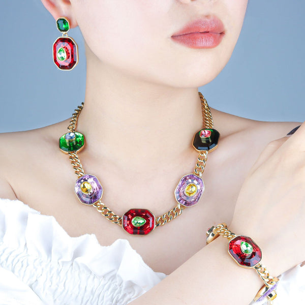 Multi Color Designer Chunky Chain Gold CZ Copper Necklace Combo Set Bulk Main image