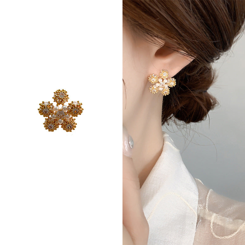 Flower Pearl 18K Gold Silver CZ Anti Tarnish Stud Earring Bulk