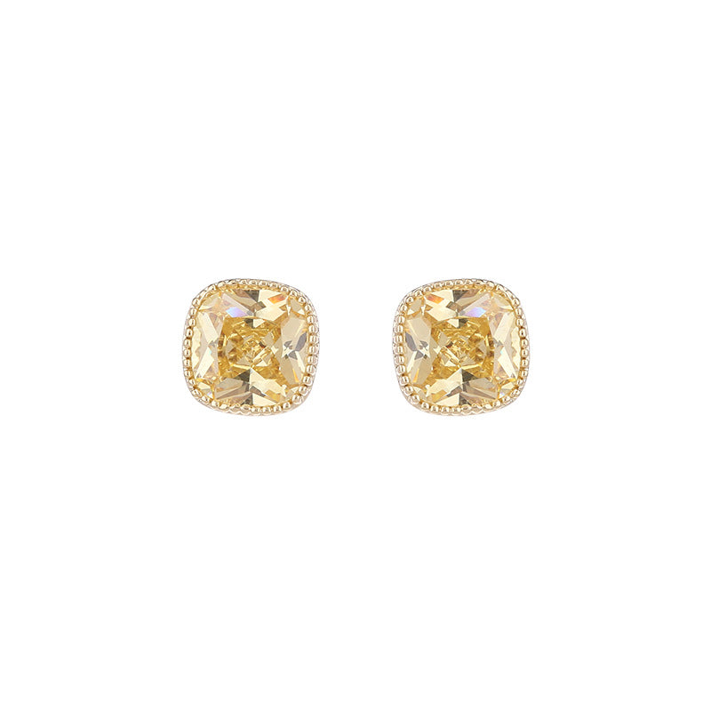 Yellow Cushion Cut Gold Plated CZ Anti Tarnish Copper Stud Earrings Bulk