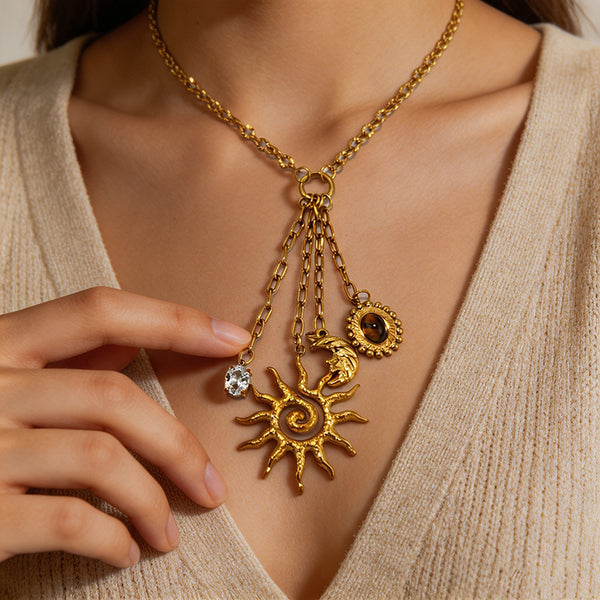 Elegant Sun & Moon Gold Layered CZ Anti Tarnish Copper Necklace Bulk Main image