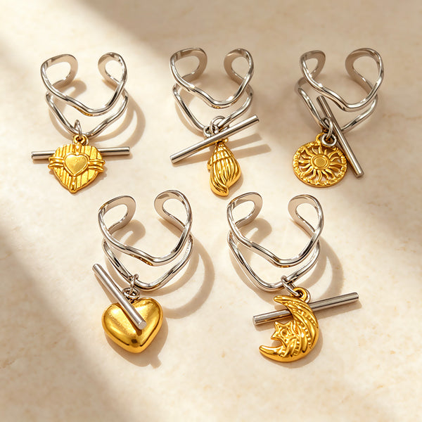 Multi Charms Gold Silver Stainless Steel Adjustable Fancy Ring Bulk Main image
