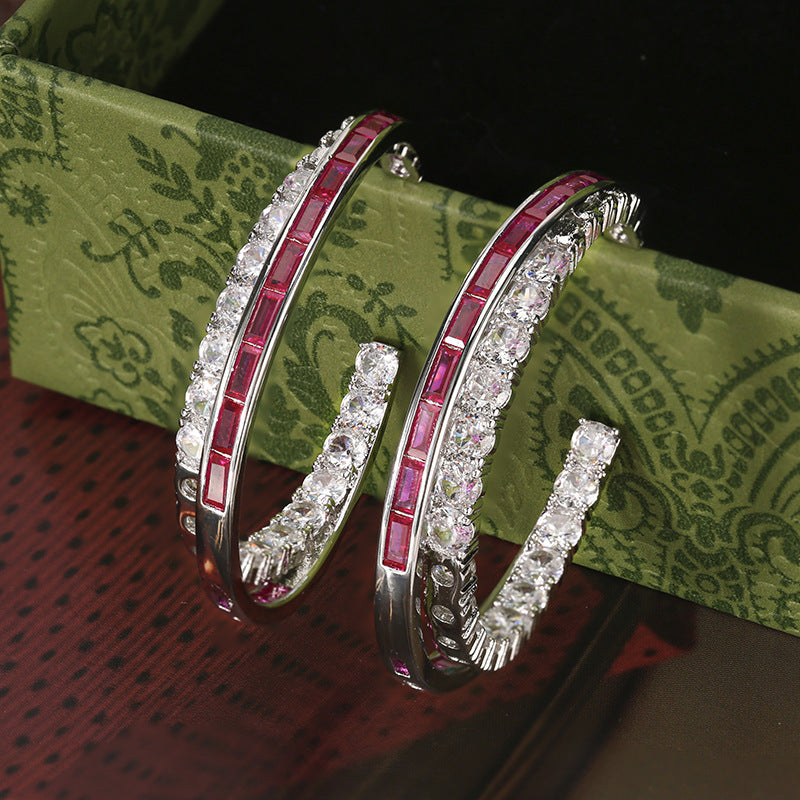 Baguette Blue Pink Silver CZ Anti Tarnish Hoop Earring Bulk Main image