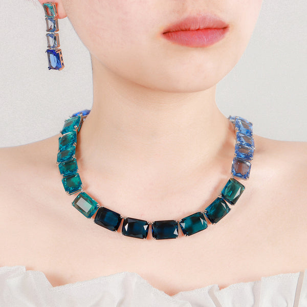 Blue White Rectangular Cut Silver CZ Copper Necklace Earring Set Bulk Secondary image