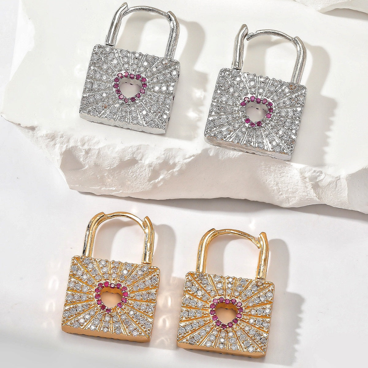 Heart Padlock Design Gold Silver Plated CZ Copper Hoop Earrings Bulk Main image