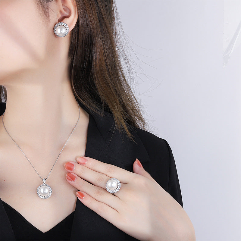 White Silver Pearl CZ Anti Tarnish Necklace Earring Set Bulk