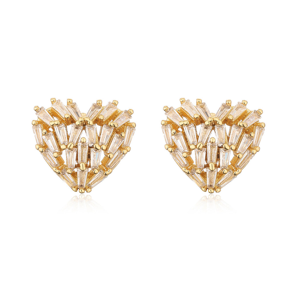 Heart Baguette Cubic Zirconia 18K Gold Anti Tarnish Stud Earring Bulk