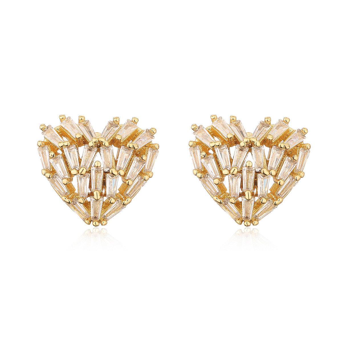 Heart Baguette Cubic Zirconia 18K Gold Anti Tarnish Stud Earring Bulk