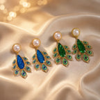 Designer Peacock Gold Blue & Green Enamel Pearl Dangler Earrings Bulk