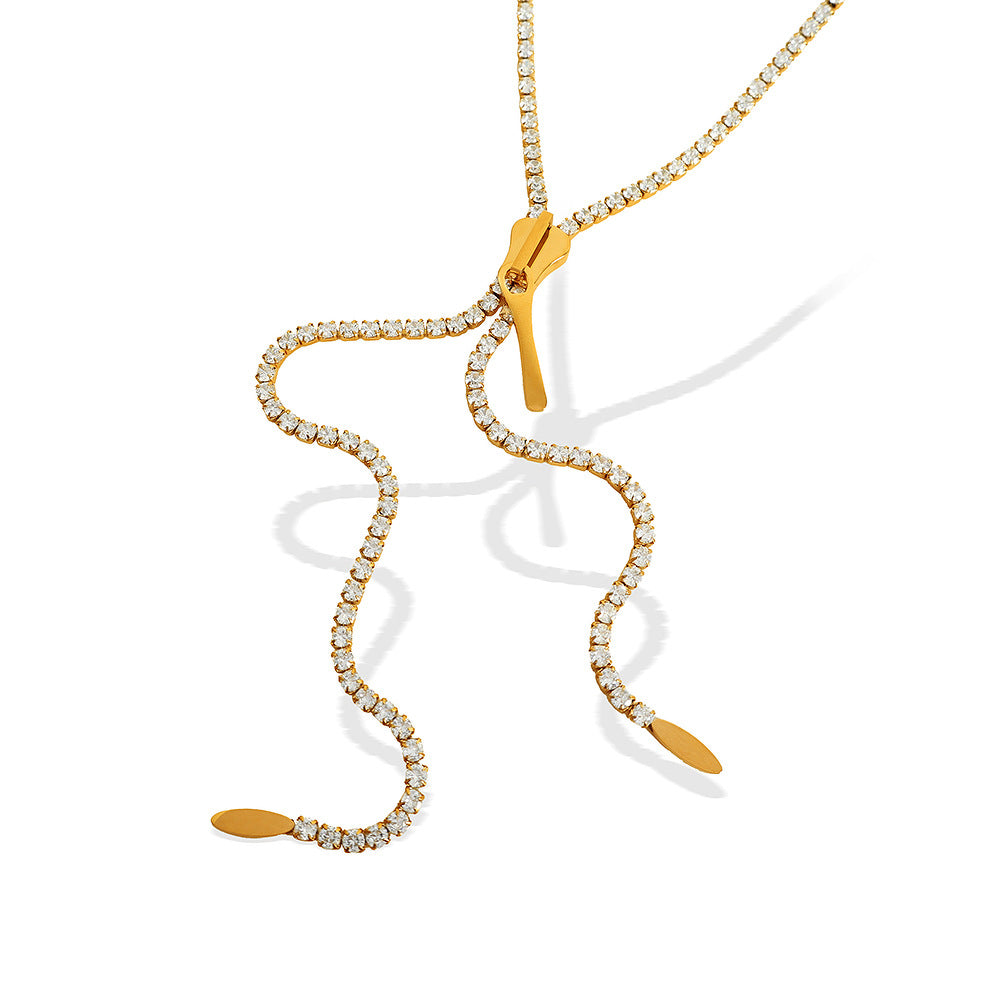 Stylish Zipper Style Gold CZ Anti Tarnish Stainless Steel Necklace Bulk