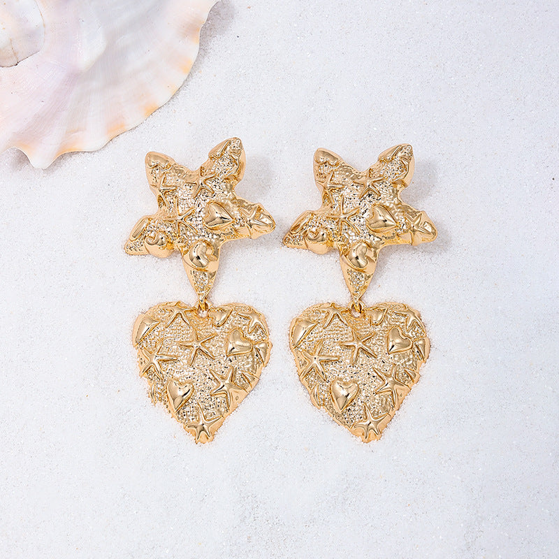 Star Fish Heart Beaten Finish 18K Gold Dangler Earring For Women Bulk