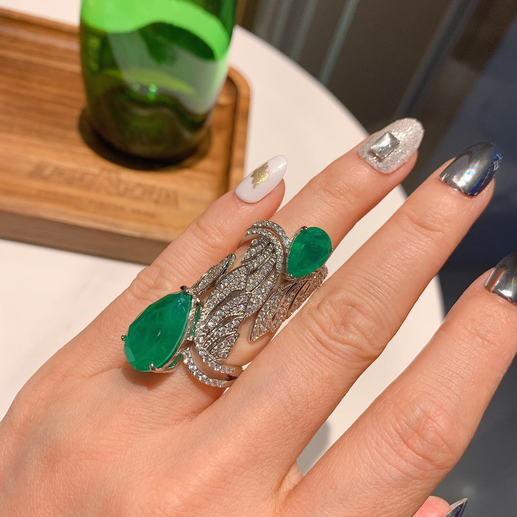 Feather Green Silver Anti Tarnish Free Size Ring For Women Bulk
