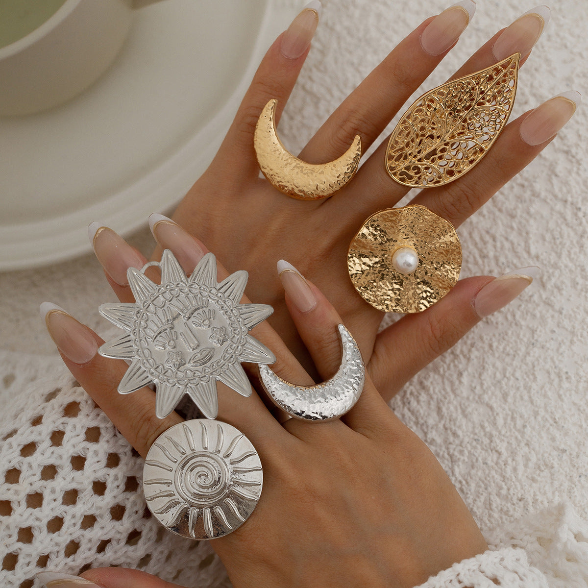 Star Sun Face 18K Gold Silver Big Free Size Ring For Women Bulk