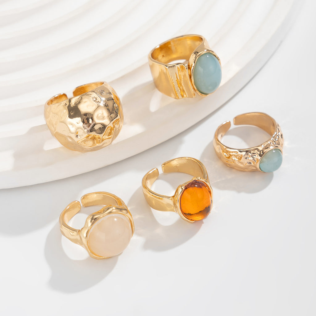 Beaten Finish Green Orange Gemstone Gold Ring Combo Pack Of 5 Bulk