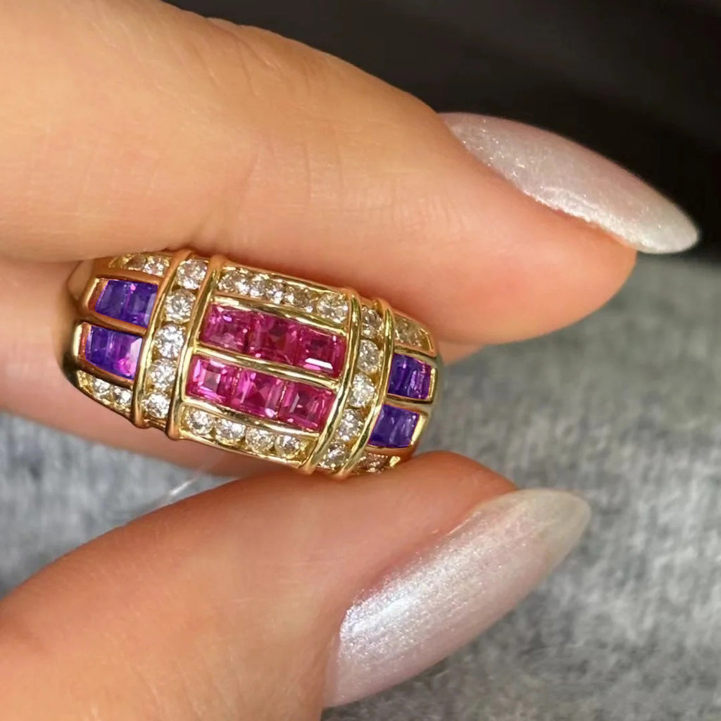 Purple Pink Baguette Crystal CZ Anti Tarnish Free Size Ring Bulk
