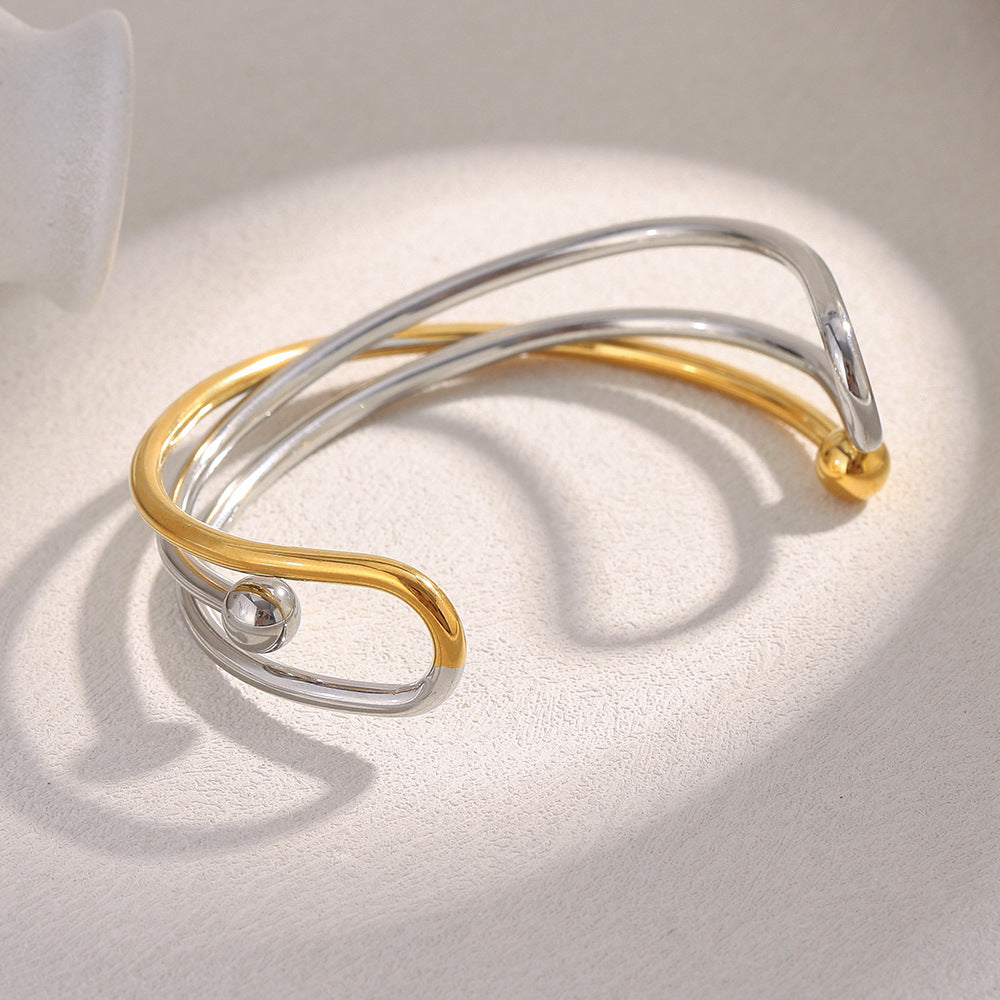 Dual Cross 18K Gold Stainless Steel Anti Tarnish Silver Openable Cuff Kada For Women