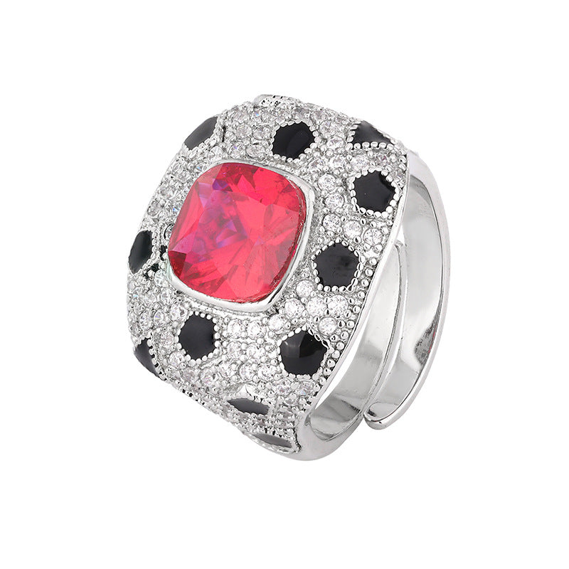 Square Black Red Solitaire CZ Silver Anti Tarnish Free Size Ring Bulk