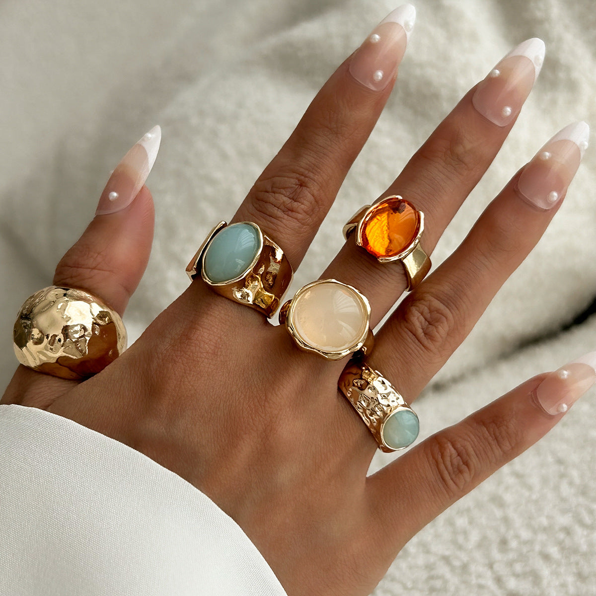 Beaten Finish Green Orange Gemstone Gold Ring Combo Pack Of 5 Bulk