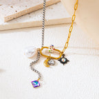 Star Moon Two Tone 18K Gold Silver Black Crystal Charm Stainless Steel Anti Tarnish Necklace Chain For Women