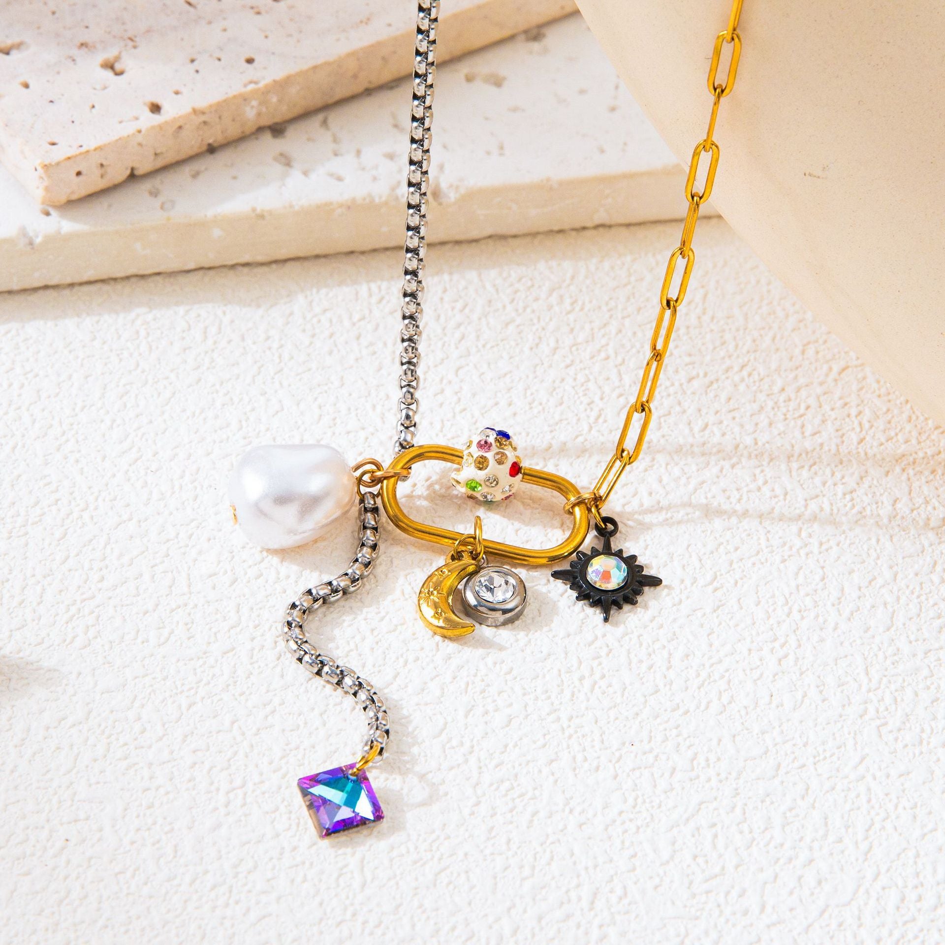 Star Moon Two Tone 18K Gold Silver Black Crystal Charm Stainless Steel Anti Tarnish Necklace Chain For Women