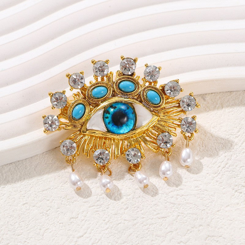 Evil Eye Cubic Zirconia Pearl Drop Blue 18K Gold Plated Brooch Bulk Main image
