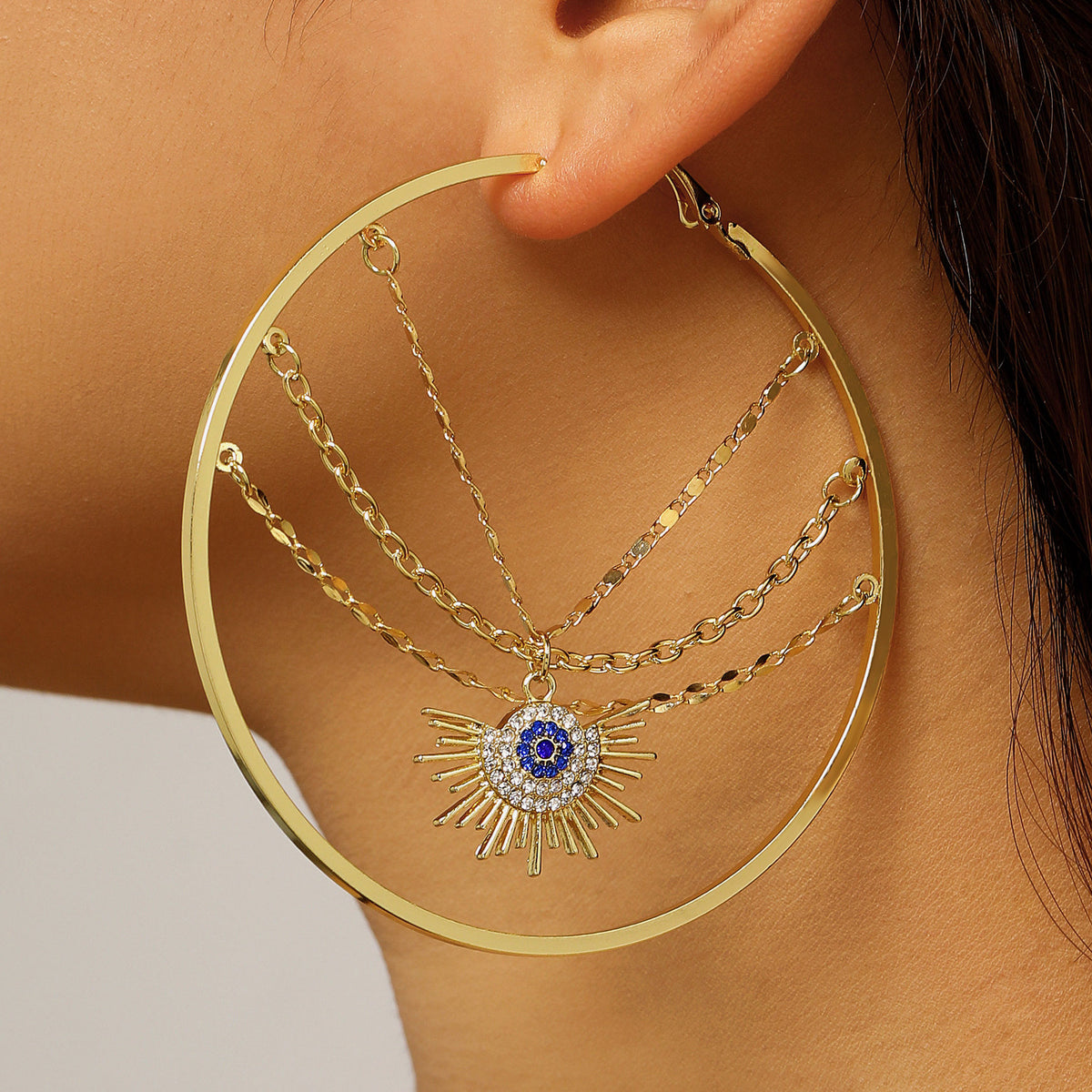 Designer Evil Eye Sunburst Gold Plated CZ Copper Hoop Earrings Bulk