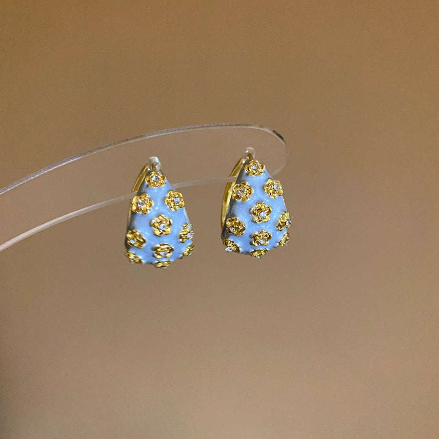 Flower White Grey 18K Gold CZ Enamel Hoop Stud Earring Pair Bulk