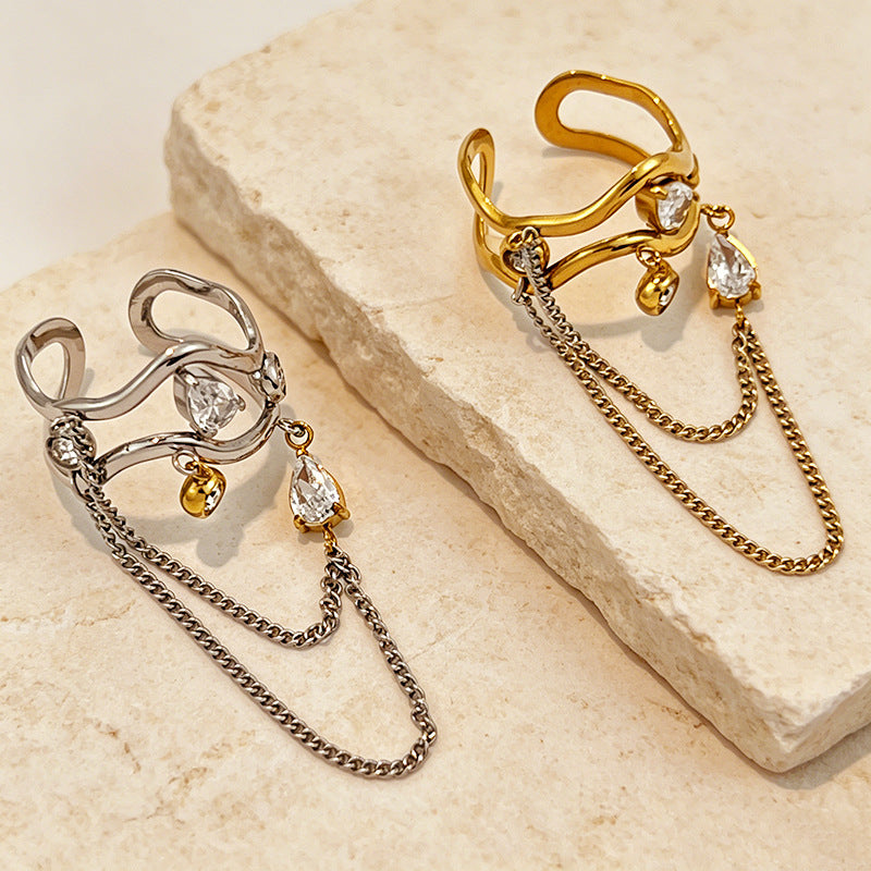 Dual Tone Gold Silver CZ Crystal Chain Stainless Steel Cocktail Ring Bulk