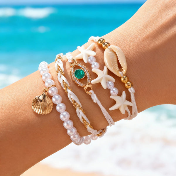White Cowrie Shell & Emerald Crystal Gold Pearl Beads Bracelet Bulk Secondary image